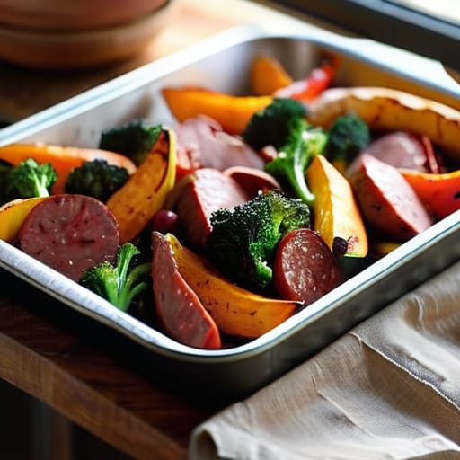 Sheet Pan Roasted Sausage and Veggies tray.